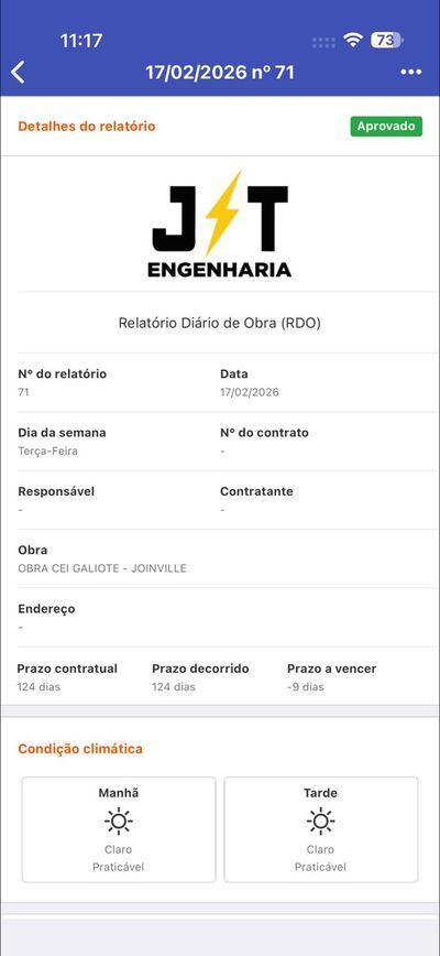 Screenshot do aplicativo de Diario de Obra da JT Engenharia mostrando relatorio diario